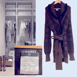 Perfect for Fall! Chanel, like new, button & tie knee length sweater.